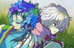  1boy 1other androgynous blue_eyes blue_hair facepaint facial_mark feathers forehead_mark gnosia green_eyes green_hair headphones long_hair long_sleeves makeup multicolored_hair other_focus raqio remnan_(gnosia) simple_background streaked_hair tattoo toyama96 upper_body white_hair 
