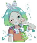  1girl ;d bad_id bad_twitter_id bow commentary_request cropped_torso gradient_hair green_eyes green_hair grin hairband hand_up headphones headphones_around_neck idol_time_pripara inactive_account looking_at_viewer multicolored_hair nijiiro_nino one_eye_closed open_mouth pretty_series pripara shirt shiyurinpu short_hair short_sleeves simple_background smile solo teeth two-tone_hair upper_body w_over_eye white_background white_bow white_hairband 