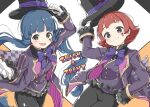  2girls :d black_pants blue_hair blunt_bangs blush breasts brown_eyes buttons character_name closed_mouth cowboy_shot dot_nose earrings flipped_hair frilled_sleeves frills gloves hand_on_own_hip hat heart_stickers holding holding_clothes holding_hat idolmaster idolmaster_million_live! idolmaster_million_live!_theater_days jacket jewelry kitakami_reika kuresuku_(lessons) long_hair long_sleeves looking_at_viewer multiple_girls nonohara_akane official_alternate_costume open_clothes open_hand open_jacket open_mouth pants purple_jacket purple_ribbon red_eyes red_hair ribbon short_hair sidelocks simple_background small_breasts smile sticker_on_face top_hat very_long_hair white_background white_gloves 