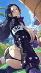  1girl agu_(agoppdki) armband ass black_hair breasts butt_crack city cleavage gloves highres huge_breasts jacket leather leather_jacket long_hair midriff nico_robin no_pants on_floor one_piece outdoors thong 