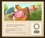 2024 absurd_res animal_crossing anthro bench bodily_fluids booker_(animal_crossing) brown_body butt canid canine canis clock clothing detailed_background dobie_(animal_crossing) domestic_dog duo english_text haxsmack hi_res male mammal nintendo outside overweight overweight_male plant shirt sitting sweat text topwear tree
