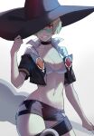  1girl adjusting_clothes adjusting_headwear bikini black_choker black_footwear black_hat black_shorts boots breasts choker cleavage green-tinted_eyewear grin guilty_gear guilty_gear_strive hat highres i-no large_breasts looking_at_viewer midriff navel official_alternate_costume red_eyes red_lips short_hair short_shorts short_sleeves shorts smile swimsuit thigh_boots tinted_eyewear venus_symbol white_bikini witch_hat yeji36 