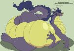 2023 akira_(awoogasm) asian_mythology belly big_belly digital_media_(artwork) dragon east_asian_mythology eastern_dragon evergreenplate feral fur hair hi_res horn licking licking_lips licking_own_lips lying male mythological_creature mythological_scalie mythology on_side overweight purple_body scalie simple_background solo tail text tongue vore wide_hips yellow_eyes
