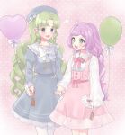  2girls :d bad_id bad_twitter_id balloon beret blue_dress braid collared_dress collared_shirt colored_eyelashes commentary_request dress falulu falulu_(awakened) green_eyes green_hair grey_eyes hair_down hat heart_balloon highres holding holding_balloon holding_hands inactive_account long_hair long_sleeves looking_at_another manaka_laala multiple_girls neck_ribbon open_mouth parted_bangs pink_dress pink_ribbon pretty_series pripara puffy_sleeves purple_hair ribbon shirt shiyurinpu sidelocks smile standing twin_braids very_long_hair white_shirt 