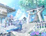  1girl :d animal bangs bell bird blush bouquet choker day dress flower gate hair_ornament highres holding holding_bouquet holding_flower hydrangea long_hair looking_back off-shoulder_dress off_shoulder open_mouth original outdoors rope shide shrine sky smile solo stairs stone_lantern suzune_(p5lel) torii tree very_long_hair white_hair wide_sleeves wind wind_chime 