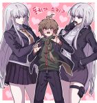  1boy 2girls ahoge black_gloves black_jacket black_skirt blush breasts brown_hair collared_shirt cowboy_shot danganronpa:_trigger_happy_havoc danganronpa_(series) danganronpa_3_(anime) gloves green_eyes green_jacket green_necktie heart highres hood hooded_jacket jacket kirigiri_kyoko large_breasts long_hair maem_(77lrik) miniskirt multiple_girls multiple_persona naegi_makoto necktie open_mouth pink_background pleated_skirt ponytail purple_hair red_necktie shirt short_hair skirt teeth thigh_strap upper_teeth_only 