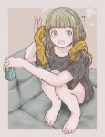  1girl :o after_bathing barefoot black_shirt blue_eyes blush brown_hair can couch greek_toe holding holding_can knees_up long_hair looking_at_viewer on_couch sarmar shirt sitting solo toes yellow_towel 