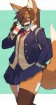 absurd_res anthro beverage bottomwear brown_hair canid canine clothing drinking female formal_wear hair hi_res holding_beverage holding_object legwear mammal maned_wolf necktie quququl simple_background skirt solo stockings