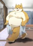 2024 anthro belly big_belly blush canid canine canis detailed_background domestic_dog genitals hi_res japanese_text kemono locker_room male mammal marumaru_hh moobs nipples overweight overweight_male penis solo text towel walking
