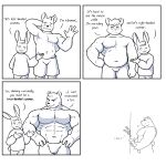 1:1 4_fingers absurd_res anthro balls bear biceps big_penis biped bottomwear clothed clothing comic dialogue duo english_text erection eyebrows fingers genitals glans hi_res humanoid_genitalia humanoid_penis lagomorph leporid male mammal masturbation monochrome muscular muscular_anthro muscular_male navel pecs penile penile_masturbation penis rabbit shorts smile tail text topless topless_anthro topless_male witherrose1