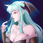  1girl aina_(artist) aqua_hair black_leotard blue_background breasts bridal_gauntlets capcom collarbone head_wings leotard morrigan_aensland solo strapless strapless_leotard upper_body vampire_(game) wings yellow_eyes 