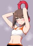  1girl armpits arms_up blush breasts brown_hair cosplay crop_top cypress enemy_lifebuoy_(kancolle) exercising grey_background grey_eyes headgear kantai_collection looking_to_the_side navel ring_fit_adventure ring_fit_trainee_(female) ring_fit_trainee_(female)_(cosplay) short_hair simple_background small_breasts solo steaming_body sweat taihou_(kancolle) upper_body 