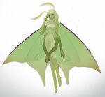  1girl arthropod_girl bob_cut breasts colored_sclera colored_skin extra_arms full_body green_hair green_skin grey_sclera hand_up highres large_breasts looking_at_viewer medium_hair monster_girl moth_antennae moth_girl moth_wings orange_eyes original ruteko_(ruko220) simple_background smile solo twitter_username white_background wings 