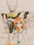  1080kazuo 1980s_(style) 1girl battroid choujikuu_yousai_macross commentary_request energy_cannon hayase_misa jolly_roger light_brown_hair long_hair looking_at_viewer macross macross:_do_you_remember_love? mecha military military_uniform retro_artstyle robot scan science_fiction sitting sketch smirk traditional_media u.n._spacy uniform upper_body vf-1 vf-1s 