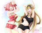  2girls absurdres alternate_costume bangs blonde_hair breasts chest_jewel cleavage dancing highres large_breasts long_hair multiple_girls mythra_(xenoblade) open_mouth pyra_(xenoblade) red_eyes red_hair red_shorts short_hair short_shorts shorts sofusan1526 swept_bangs very_long_hair xenoblade_chronicles_(series) xenoblade_chronicles_2 yellow_eyes 