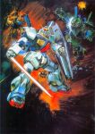  1980s_(style) army battle beam_rifle beam_saber damaged energy_gun gundam gundam_mk_ii hizack machinery marasai mecha mobile_suit no_humans official_art one-eyed painting_(medium) promotional_art realistic retro_artstyle robot scan science_fiction shield shoulder_spikes space spikes takani_yoshiyuki thrusters traditional_media v-fin weapon zero_gravity zeta_gundam 