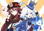  2girls :d absurdres ascot asymmetrical_gloves black_gloves black_hat blue_eyes blue_hat blue_jacket blush boo_tao_(genshin_impact) brown_hair brown_shirt creature furina_(genshin_impact) genshin_impact ghost gloves grin hand_up hat highres hu_tao_(genshin_impact) jacket long_hair long_sleeves looking_at_viewer mismatched_gloves miz_(mizillustration) multiple_girls orange_eyes porkpie_hat purple_ascot shirt smile upper_body v wavy_hair white_gloves white_hair 