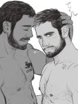  2boys bara beard dark-skinned_female dark_skin facial_hair from_side full_beard hand_on_another&#039;s_head heads_together highres looking_at_viewer male_focus mature_male multiple_boys muscular muscular_male nipples original pectorals scar scar_on_chest short_hair sparse_chest_hair thick_eyebrows tsurime upper_body yaoi yi_hu 