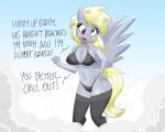  2021 anthro anthrofied black_bra black_clothing black_panties black_underwear blonde_hair bra breasts clothing cloud collarbone cutie_mark derp_eyes derpy_hooves_(mlp) dialogue digital_media_(artwork) english_text equid equine feathered_wings feathers female fingers flutterthrash friendship_is_magic grey_body grey_feathers hair hasbro hi_res humanoid_hands mammal my_little_pony navel open_mouth panties pegasus solo spread_wings text underwear wings yellow_eyes yellow_tail 