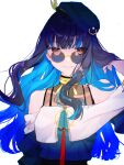  1girl adjusting_hair ao398739 bare_shoulders beret black_hair blue_hair colored_inner_hair fate/grand_order fate_(series) glasses grey_eyes hat jacket jewelry long_hair looking_at_viewer multicolored_hair neck_ring round_eyewear smile solo tenochtitlan_(fate) tenochtitlan_(second_ascension)_(fate) two-tone_hair white_background 