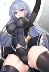  1girl alice_gear_aegis angelica_glazunova arm_up black_panties black_thighhighs blue_eyes blue_hair blush breasts covered_navel from_below hair_between_eyes highres kakerayuri large_breasts long_hair looking_at_viewer panties parted_lips signature skin_tight solo thighhighs thighs underwear 