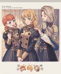  3girls :d annette_fantine_dominic black_jacket black_skirt blonde_hair blue_eyes blunt_bangs capelet commentary_request fire_emblem fire_emblem:_three_houses garreg_mach_monastery_uniform grey_hair grin hair_rings highres ingrid_brandl_galatea jacket juliet_sleeves long_sleeves looking_at_another looking_at_viewer mercedes_von_martritz mhsk154 multiple_girls open_mouth orange_hair puffy_sleeves short_hair skirt smile yellow_capelet 