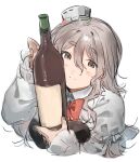  1girl absurdres blush bottle grey_eyes grey_hair hat highres holding holding_bottle kantai_collection long_hair looking_at_viewer mini_hat pola_(kancolle) shishamo_(domado) simple_background sketch smile solo upper_body white_background wine_bottle 