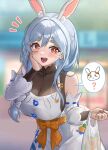  1girl animal_ear_fluff animal_ears bag blue_hair blurry blurry_background blush bodystocking bow breasts bright_pupils carrot cleavage detached_sleeves dress freeze-ex hand_on_own_cheek hand_on_own_face hololive long_braid long_hair multicolored_hair open_mouth orange_bow pekomama pekomon_(usada_pekora) plastic_bag rabbit_ears rabbit_girl red_eyes see-through see-through_cleavage short_eyebrows solo spoken_character streaked_hair teeth tongue upper_teeth_only virtual_youtuber white_bow white_dress white_hair white_pupils white_sleeves 