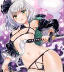  1girl armpits bikini black_bikini black_coat black_hairband blush breasts cameltoe coat frilled_sleeves frills green_eyes hairband hitodama holding holding_sword holding_weapon katana konpaku_youmu konpaku_youmu_(ghost) marker_(medium) medium_breasts medium_hair midriff navel nordic_niku off_shoulder open_mouth purple_background sideboob sidelocks skindentation smile swimsuit sword touhou traditional_media underboob upper_body weapon white_hair 