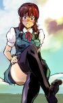  1girl brown_eyes brown_hair commentary_request crossed_legs day freckled_girl_(kamisimo_90) freckles glasses kamisimo_90 long_hair looking_at_viewer original pleated_skirt school_uniform shirt simple_background sitting skirt sky thighhighs twintails vest 