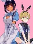  1boy 1girl alternate_costume animal_ears black_hair blonde_hair breasts cleavage cleavage_cutout clothing_cutout dark-skinned_female dark_skin elbow_gloves fake_animal_ears gloves green_eyes hairband konbu_wakame large_breasts lilith_(saikin_yatotta_maid_ga_ayashii) mole mole_on_breast mole_under_eye pink_background puffy_short_sleeves puffy_sleeves purple_eyes rabbit_ears saikin_yatotta_maid_ga_ayashii sample_watermark short_hair short_sleeves simple_background twitter_username white_gloves yuuri_(saikin_yatotta_maid_ga_ayashii) 