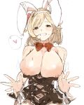  1girl alternate_breast_size animal_ears bare_shoulders black_dress black_skirt blonde_hair blush bow bowtie breasts brown_eyes cleavage covered_navel djeeta_(granblue_fantasy) dress fake_animal_ears gorirago granblue_fantasy grin heart highres large_breasts leotard looking_at_viewer nipples playboy_bunny rabbit_ears red_bow red_bowtie short_hair simple_background sketch skirt smile solo spoken_heart strapless strapless_leotard sweat white_background wrist_cuffs 