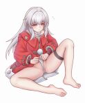  1girl absurdres barefoot blush clara_(honkai:_star_rail) coat eyebrows_hidden_by_hair flying_sweatdrops frontal_wedgie groin hair_between_eyes highres honkai:_star_rail honkai_(series) knee_up long_bangs long_hair looking_ahead open_mouth panties red_coat red_eyes self_wedgie silver_bullet_(yhq811) simple_background sitting solo spread_legs sweater thigh_strap toes underwear white_background white_hair white_panties white_sweater 