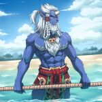 anthro beach blue_body clothing felid final_fantasy final_fantasy_x fur furrholic hair half_naked half_ponytail horn kimahri male mammal ronso sea solo square_enix water white_body white_fur white_hair yellow_eyes