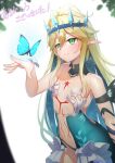  1girl absurdres antenna_hair blonde_hair blurry body_markings bug butterfly commentary commission depth_of_field elf flower green_eyes headpiece highres multicolored_hair original outdoors pointy_ears solo starry_hair two-tone_hair vivi_(ac8231) west_24 white_flower wrist_flower 