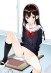  1girl bar_censor black_socks black_sweater blush bottomless bow bowtie brown_hair censored classroom commentary_request desk grey_eyes highres kneehighs long_hair long_sleeves looking_at_viewer mary_janes moonsorrow neckerchief on_desk original parted_lips pussy red_bow red_bowtie red_neckerchief sailor_collar school_uniform serafuku shoes sitting socks solo spread_legs sweater white_footwear window winter_uniform 