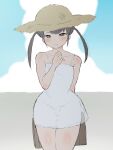  1girl arm_behind_back breasts briefcase brown_eyes brown_hair cloud day dress hand_up hat looking_at_viewer original outdoors ramoni small_breasts solo straw_hat sun_hat thighs_together twintails white_dress 