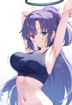  1girl arm_behind_head arm_up armpits blue_archive blush bouncing_breasts bra_visible_through_clothes breasts camisole commentary_request crop_top curvy flying_sweatdrops halo highres large_breasts long_bangs long_hair looking_at_viewer mechanical_halo motion_lines navel nu1lpointer ponytail purple_camisole purple_eyes purple_hair sidelocks simple_background solo star_(symbol) star_sticker sticker_on_face stomach stretching sweat upper_body very_long_hair white_background yuuka_(blue_archive) 