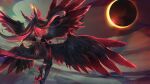  1girl animal_legs black_wings dragon_girl dragon_horns dragon_tail eclipse feathered_wings from_behind harpy henrie_(henriehour) highres horns indie_virtual_youtuber long_hair monster_girl multiple_wings pink_hair second-party_source sky solar_eclipse tail talons trickywi virtual_youtuber wings 