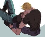  2boys ao_isami black_hair blonde_hair blush couple face-to-face facial_hair from_above hand_on_another&#039;s_chest head_grab lewis_smith maji_(m) male_focus multiple_boys pants pectorals shirt sideburns_stubble sitting stubble t-shirt thick_eyebrows toned toned_male yaoi yuuki_bakuhatsu_bang_bravern 