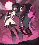  1girl bandages black_hair blood bow cloud diviously extra_mouth full_body full_moon fusion gardevoir hair_bow highres looking_at_viewer mawile moon night night_sky pink_bow pokemon pokemon_(creature) red_eyes ribbon sky solo teeth tree 