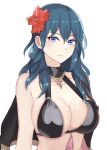  1girl absurdres bare_shoulders bikini black_bikini blue_eyes blue_hair breasts byleth_(female)_(fire_emblem) byleth_(fire_emblem) commentary fire_emblem fire_emblem:_three_houses fire_emblem_heroes flower hair_flower hair_ornament highres large_breasts long_hair looking_at_viewer n_54 red_flower simple_background solo swimsuit upper_body white_background 