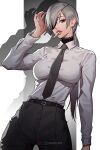  1girl black_necktie black_pants breasts chainsaw_man cigarette cropped_legs eyepatch grey_hair highres inhoso lips long_sleeves medium_breasts necktie pants quanxi_(chainsaw_man) shirt simple_background solo standing white_background white_shirt 