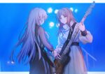  2girls absurdres bang_dream! bang_dream!_it&#039;s_mygo!!!!! black_dress brown_hair chihaya_anon chinese_commentary chromatic_aberration closed_mouth commentary_request dress grey_eyes guitar highres holding holding_guitar holding_instrument instrument long_hair long_sleeves looking_at_another multiple_girls muonrei00 music nagasaki_soyo pink_hair playing_instrument see-through see-through_sleeves sidelocks skirt smile sweater white_skirt white_sweater 