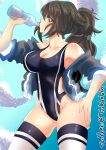  absurdres artist_name black_hair black_thighhighs blue_eyes bottle breasts drinking goblintusk hair_between_eyes hand_on_own_hip highres hip_dips kisu large_breasts messy_hair off_shoulder one-piece_swimsuit ponytail skindentation swimsuit thighhighs twitch.tv virtual_youtuber vrchat water_bottle 