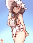  1girl ahoge alternate_costume artist_logo blue_sky braid breasts brown_eyes brown_hair casual_one-piece_swimsuit choker cosplay cowboy_shot dated frilled_swimsuit frills hair_between_eyes hat highleg highleg_swimsuit kanon_(kurogane_knights) kantai_collection large_breasts looking_at_viewer one-hour_drawing_challenge one-piece_swimsuit sagiri_(kancolle) sagiri_(kancolle)_(cosplay) shinshuu_maru_(kancolle) side-tie_swimsuit sky smile solo sun_hat swimsuit twin_braids white_choker white_headwear white_one-piece_swimsuit 