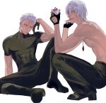  2boys bare_shoulders black_pants black_shirt blue_eyes breasts cleavage closed_mouth dante_(devil_may_cry) devil_may_cry_(series) devil_may_cry_3 fingerless_gloves food full_body gloves hair_between_eyes hair_slicked_back highres ice_cream jewelry looking_at_viewer male_focus multiple_boys necklace pants shirt shoes short_sleeves siblings simple_background sitting spoon sundae topless_male twins upper_body vergil_(devil_may_cry) white_background white_hair ykim01989882 
