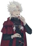  1boy amakusa_shirou_(fate) bangs brown_eyes cape closed_mouth commentary_request cross cross_necklace cross_print dark-skinned_male dark_skin earrings fate/apocrypha fate/grand_order fate_(series) food fruit highres holding holding_food holding_fruit jewelry light_smile long_sleeves looking_at_viewer male_focus mutsu_(621300) necklace open_mouth parted_bangs priest red_cape short_hair simple_background smile solo spiked_hair stole tassel upper_body white_background white_hair yellow_eyes 