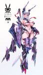  1girl armor armored_boots armored_gloves bikini_armor boots breasts claws commentary_request fake_horns full_body highres horns large_breasts long_hair looking_at_viewer mecha_musume navel original purple_armor red_eyes shield simple_background skindentation solo stomach sword takamine_nadare thighs weapon weapon_on_back white_background white_hair 