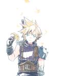  1boy aqua_eyes armor bandaged_arm bandages belt black_gloves blonde_hair blue_pants blue_shirt brown_belt closed_mouth cloud_strife falling_petals final_fantasy final_fantasy_vii final_fantasy_vii_rebirth final_fantasy_vii_remake flower gloves holding holding_flower light_smile lily_(flower) male_focus michibata_65 pants petals shirt short_hair shoulder_armor single_bare_shoulder single_shoulder_pad solo spiked_hair suspenders upper_body white_background yellow_flower yellow_petals 